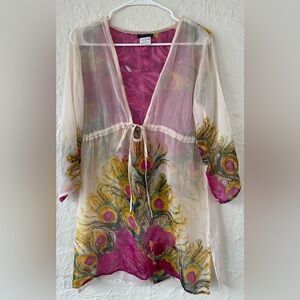 Venus floral peacock print sheer top / tunic cover-up; keyhole front, flowy; S